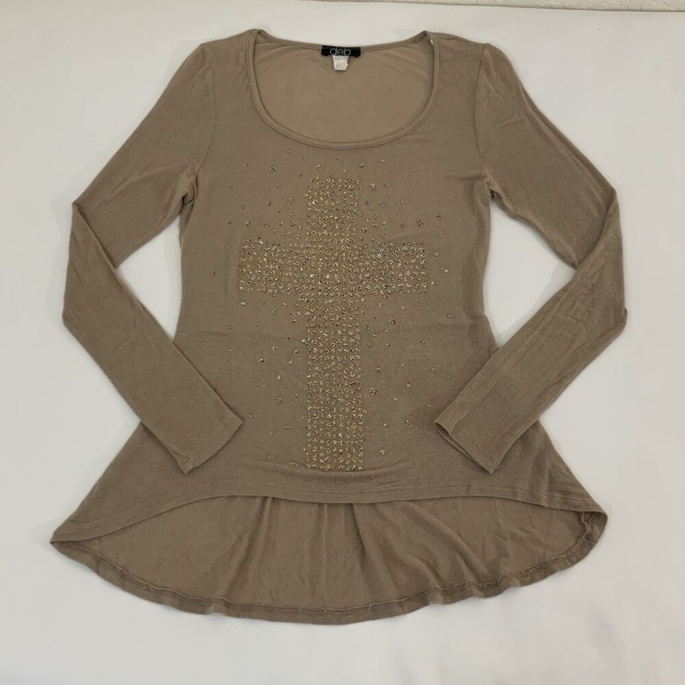 Y2K Deb‎ Cross Shirt Women S Glitter Sparkle Long Sleeve Embellished Grunge Punk